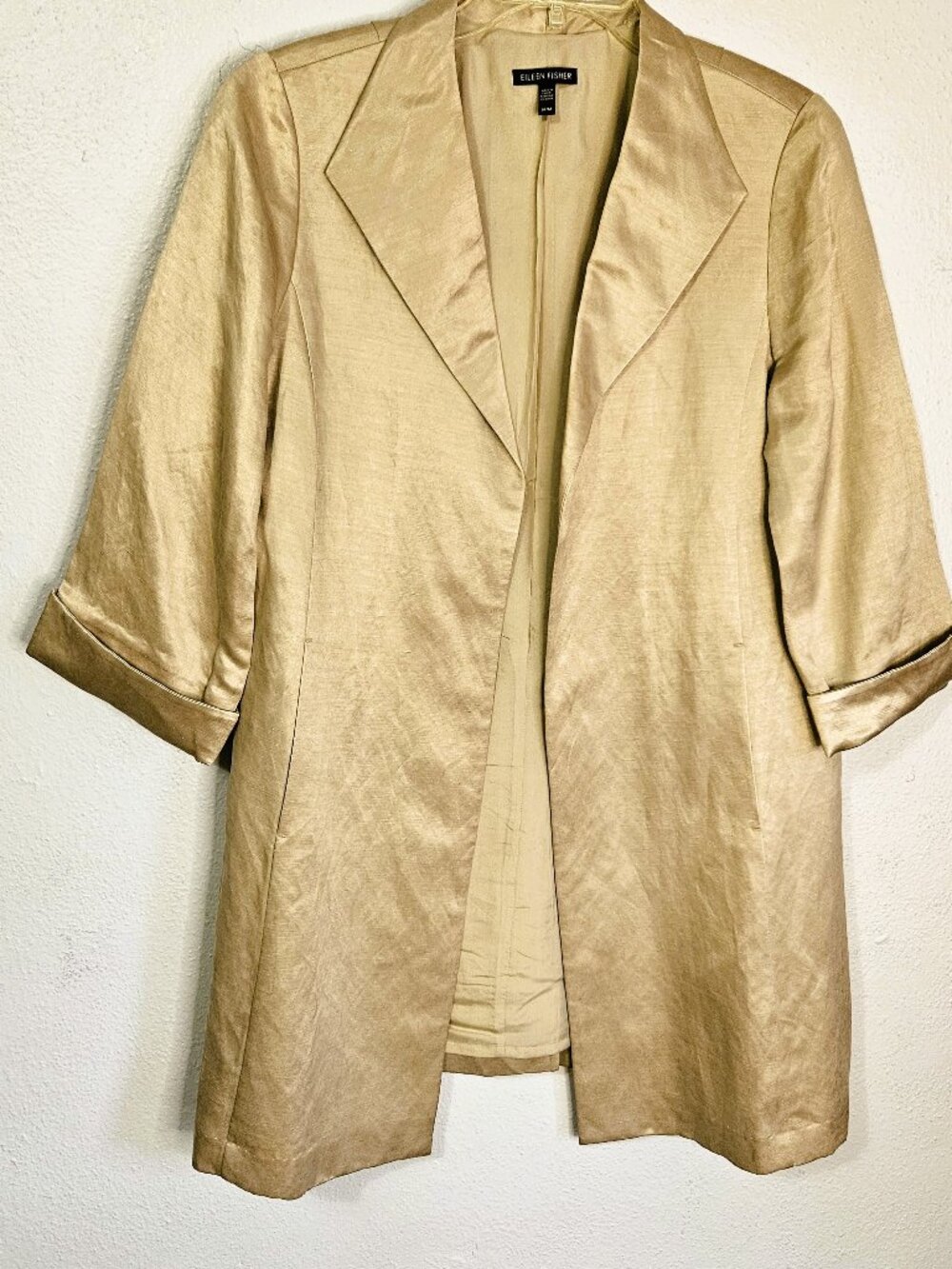 Eileen Fisher Women's Beige Linen and Silk Minimalist Open Front Jacket. Size M